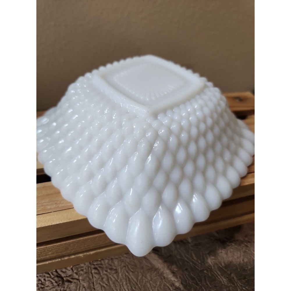 Vintage White Milk Glass Hobnail Pineapple Square Scalloped Bowl 6" Mid Century